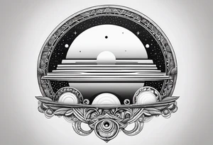 simple jupiter with circular objects and geometric elements, stippled shading, little bit of dotwork, white background tattoo idea