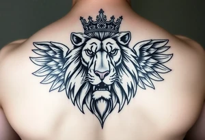 powerful majestic lion with a crown, surrounded by a big penis with wings tattoo idea