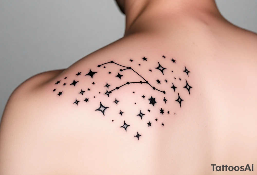 Give me a nighttime constellation tattoo with 10 different variances of stars of 40 stars, and additional cosmo items e.g. planets, etc.

It should fit on the left shoulder blade about 6 inches across and 4 high tattoo idea