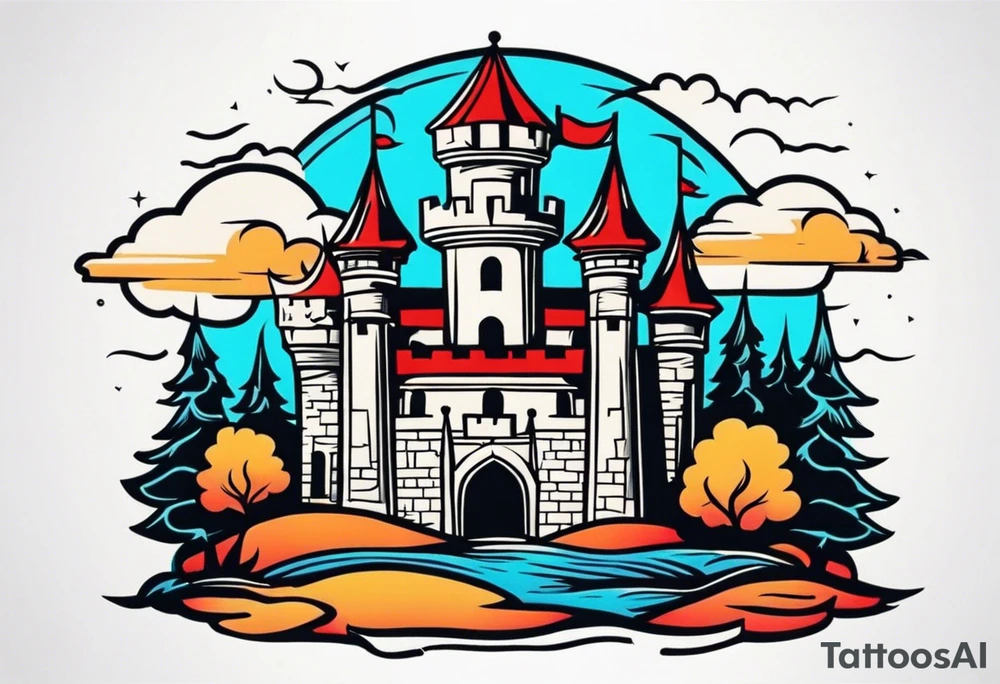 castle vintage tattoo style old school traditional bold color tattoo idea