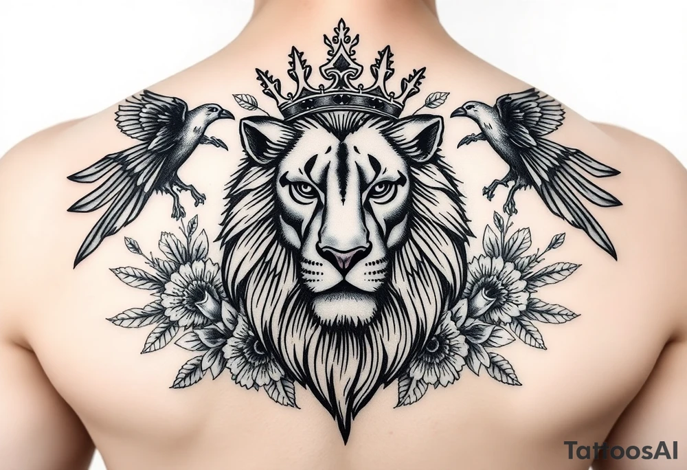 powerful majestic lion with a crown, surrounded by floral ornaments and birds tattoo idea