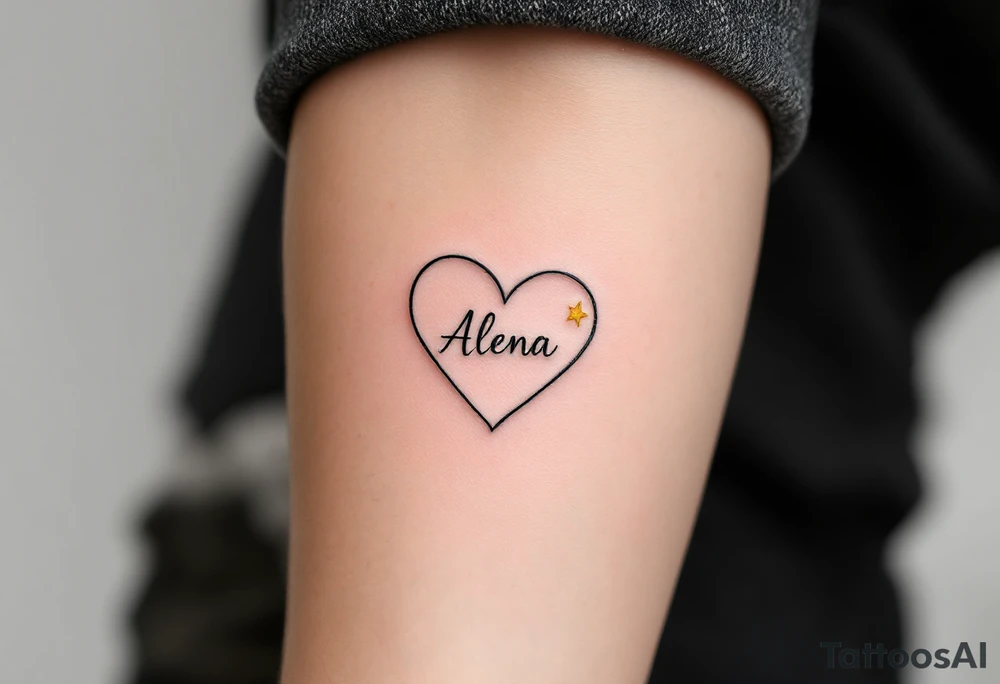 A fine-line heart in black, with the name "Alena" scripted inside in a rich gold font, paired with a small, soft yellow star to symbolize guidance. tattoo idea