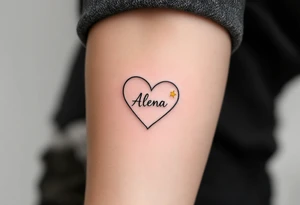 A fine-line heart in black, with the name "Alena" scripted inside in a rich gold font, paired with a small, soft yellow star to symbolize guidance. tattoo idea