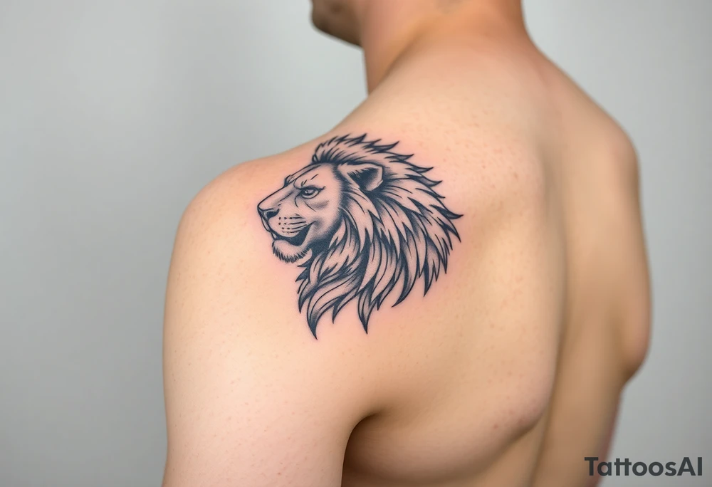 Show on a man's arm. Create a men's half-sleeve tattoo featuring a mighty, majestic lion at the top of the shoulder. tattoo idea