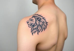 Show on a man's arm. Create a men's half-sleeve tattoo featuring a mighty, majestic lion at the top of the shoulder. tattoo idea