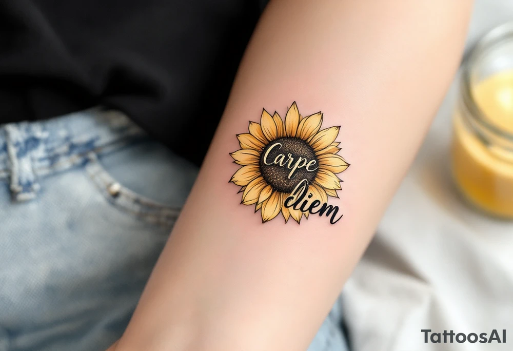 "Carpe Diem" in hand-drawn lettering inside a sunflower in warm gold and green. tattoo idea