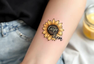 "Carpe Diem" in hand-drawn lettering inside a sunflower in warm gold and green. tattoo idea