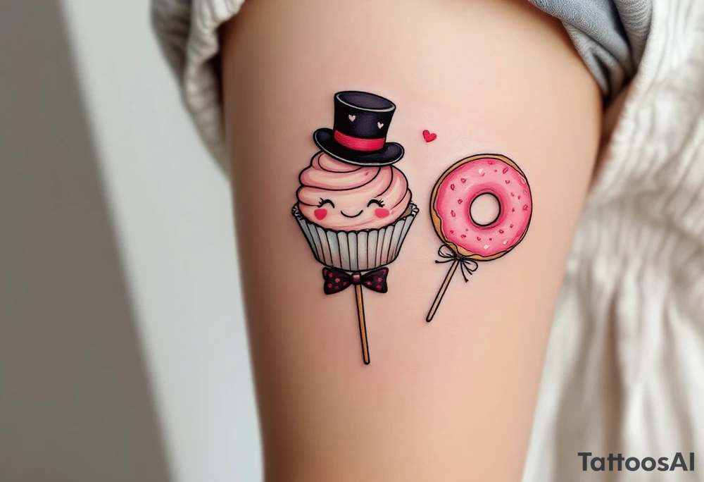 A playful cupcake, a lolipop, and a donut, each with a little top hat, veil, and bow tie, representing a sweet love story. tattoo idea