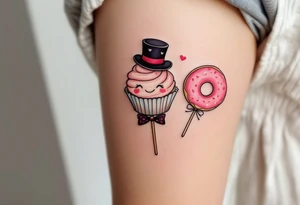 A playful cupcake, a lolipop, and a donut, each with a little top hat, veil, and bow tie, representing a sweet love story. tattoo idea