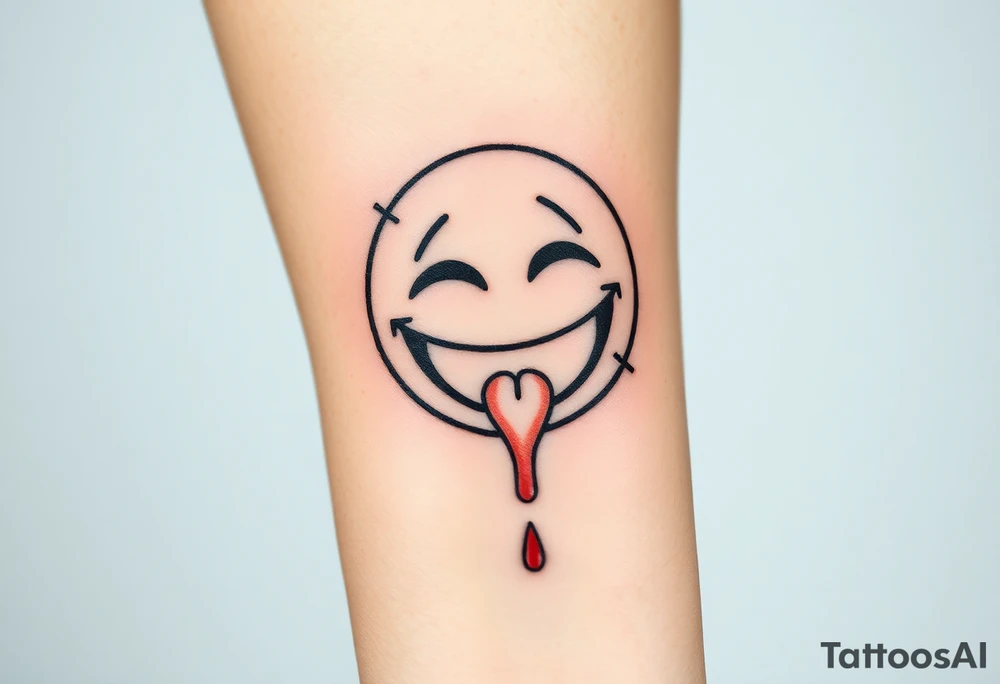 Laughing emoji with realistic stitching on its face leaking blood tattoo idea