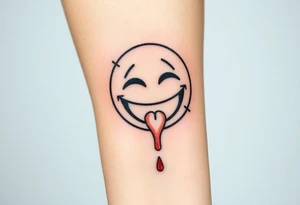 Laughing emoji with realistic stitching on its face leaking blood tattoo idea