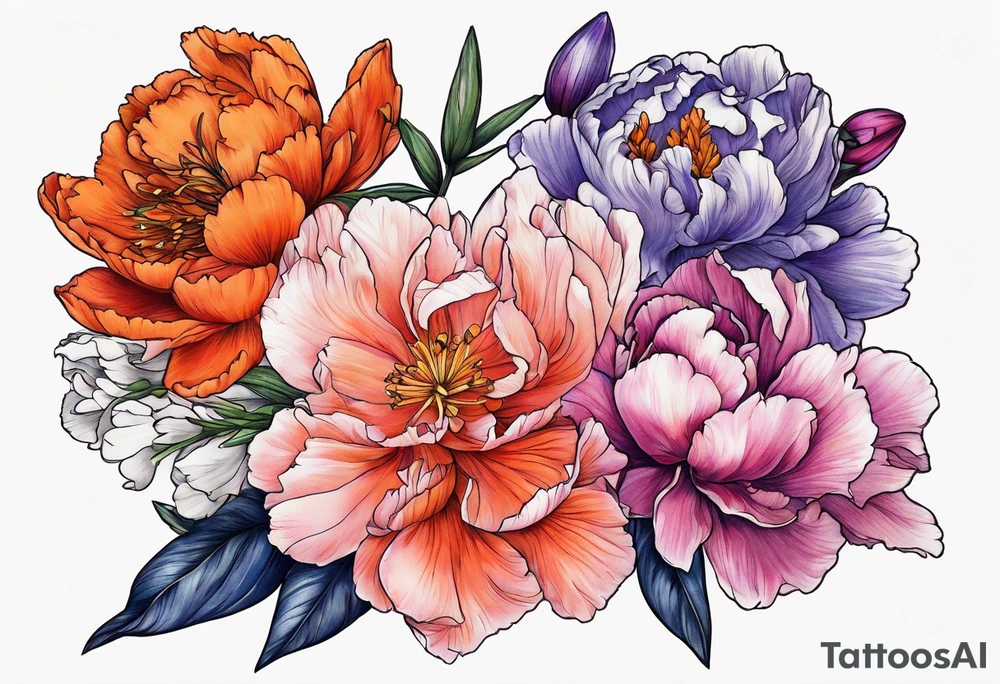 pink peony. purple gladiolus. red hawthorn. orange marigold. navy blue sweet pea. white paper white narcissus. tattoo idea