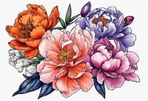 pink peony. purple gladiolus. red hawthorn. orange marigold. navy blue sweet pea. white paper white narcissus. tattoo idea