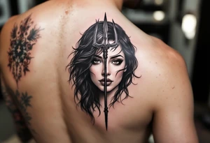 gentle woman face with black hair behind trident tattoo idea