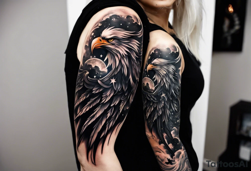 A full sleeve tattoo on ym rights arm 
showing A large phoenix over my shoulder  A person/angel flying through a starry night sky, Some witches or salem witch trial type imagery  a blacked out silhouette from a picture of my band after a show tattoo idea