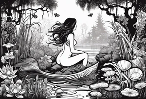 A mermaid silhouette in a swamp with cypress trees, mushrooms, wild flowers, lily pads, frogs, and bugs all around. tattoo idea