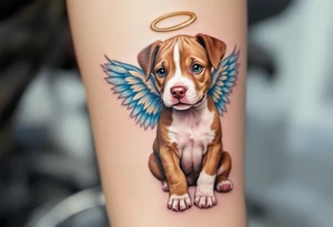 Pitbull pup with angel wings, brown and white puppy, soft shading with pastel blue wings and a golden halo. tattoo idea