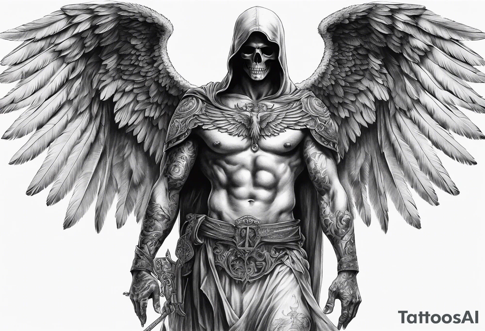 realistic full body of angel of death, without face, man tattoo idea