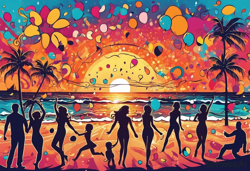 1970'S BEACH DANCE PARTY 
party, include confetti, music notes, 
, bikinis sunset in the center tattoo idea