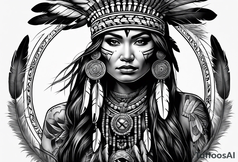 Native American woman chief with skulls tattoo idea