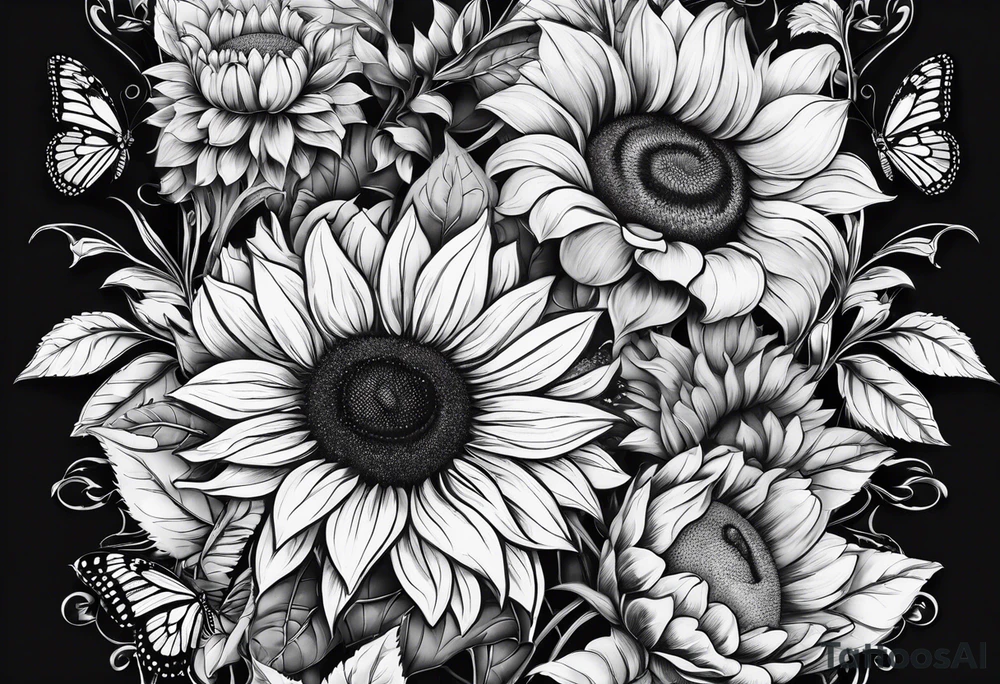 Arm sleeve with sunflowers and butterflies tattoo idea