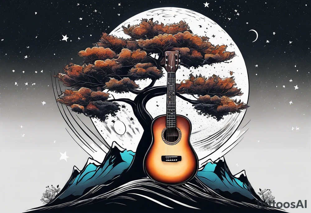 design moon tree campfire guitar playing tattoo idea
