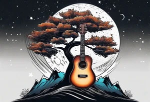design moon tree campfire guitar playing tattoo idea