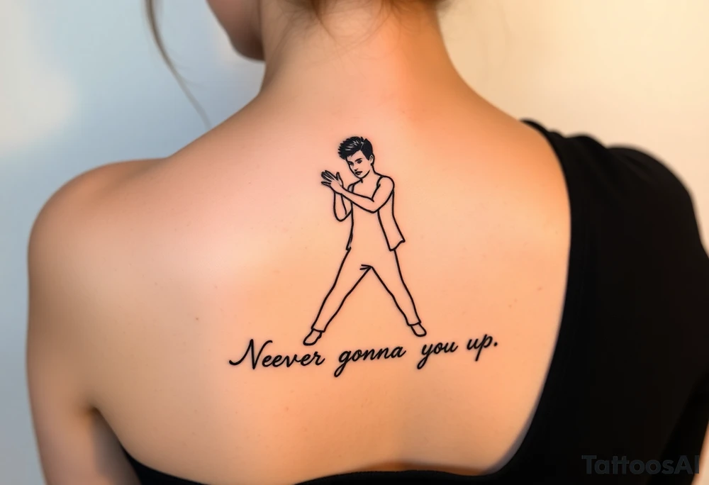 Rick Astley's  Dance Pose outline with text "Never Gonna Give You Up" tattoo idea