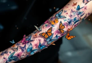 Many different butterflies in many different sizes and colors at least one monarch and in many stages of flight tattoo idea