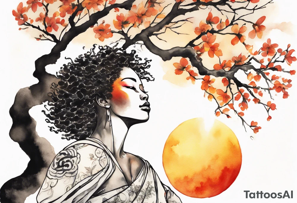 a tree woman reaching towards a blazing sun in the sky, black woman tattoo idea
