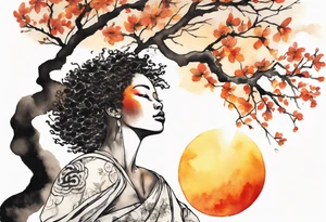 a tree woman reaching towards a blazing sun in the sky, black woman tattoo idea