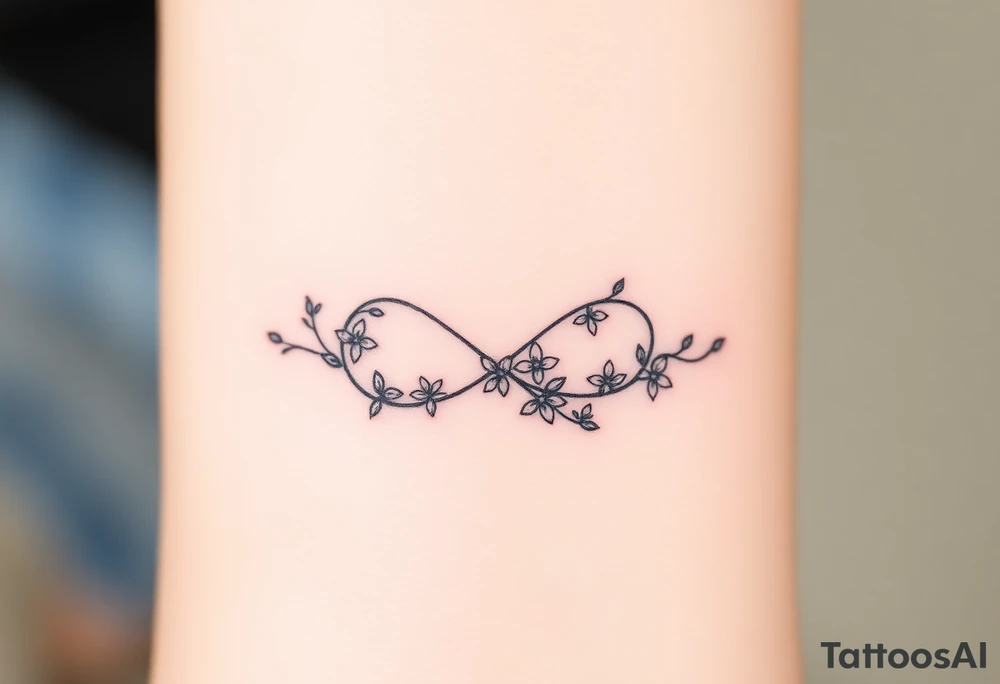 An infinity symbol including family made of intertwined vines, with delicate flowers blooming along its curves tattoo idea