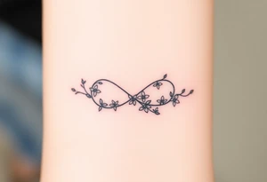 An infinity symbol including family made of intertwined vines, with delicate flowers blooming along its curves tattoo idea
