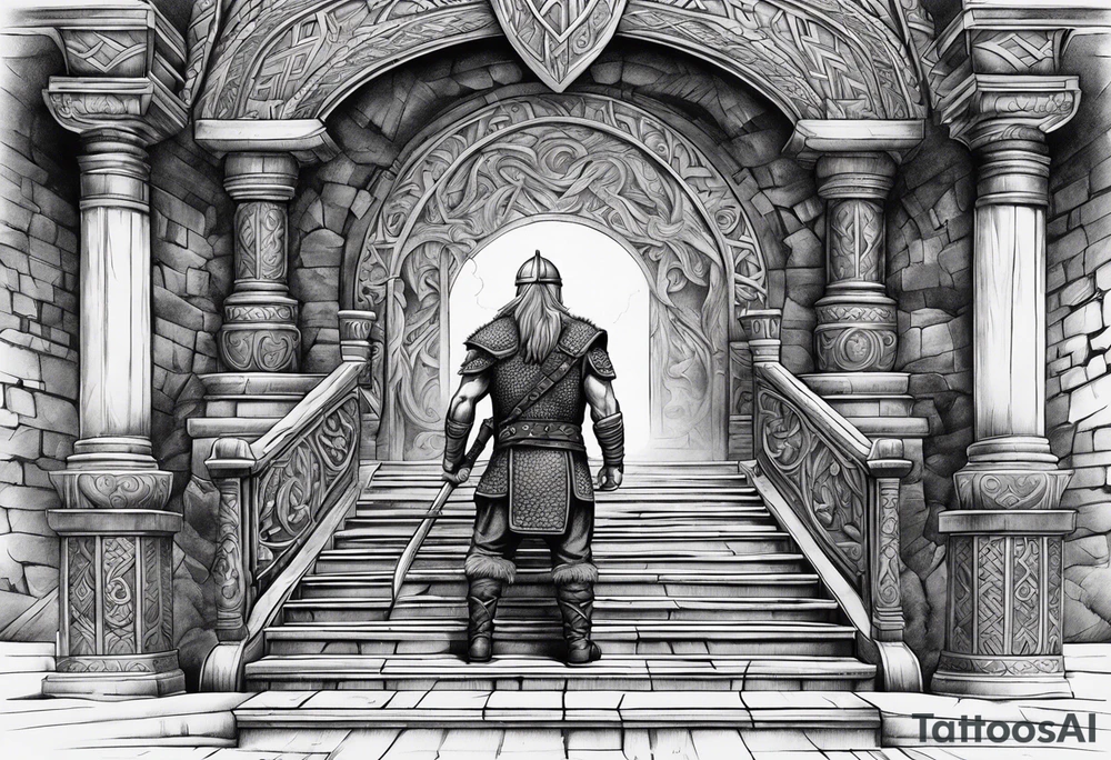 A Viking standing in front of the stairs to the gate to the valhalla. tattoo idea