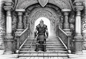 A Viking standing in front of the stairs to the gate to the valhalla. tattoo idea