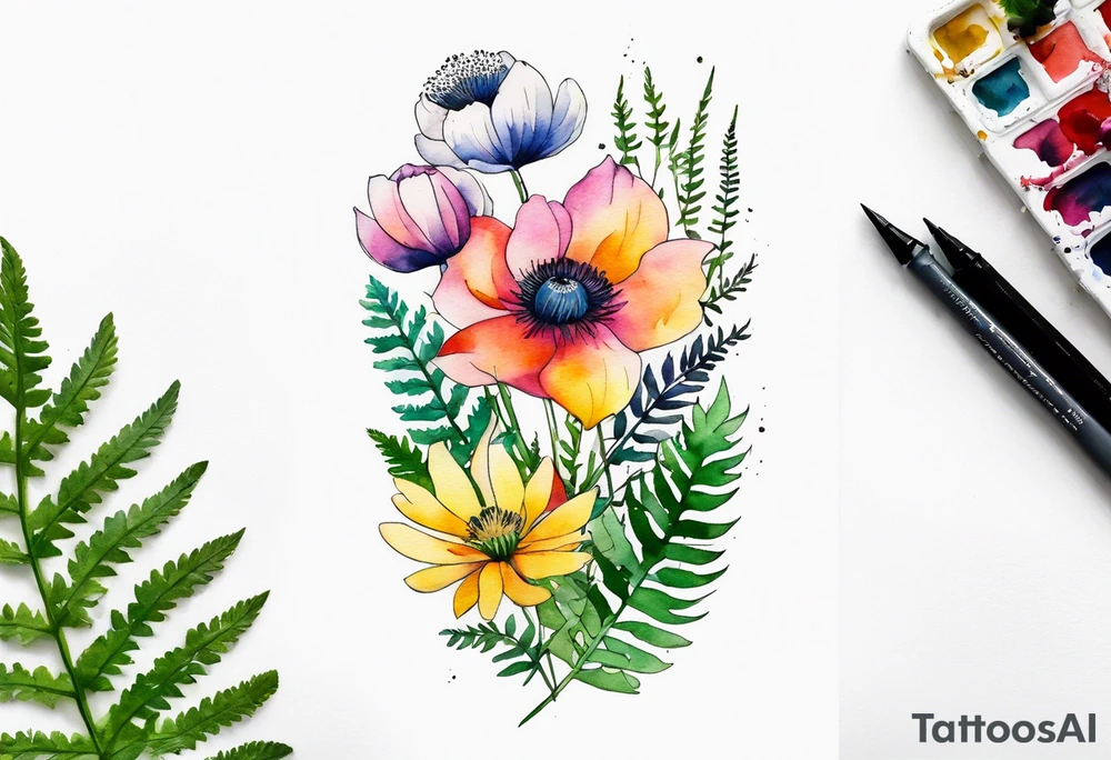 Minimalist Multicolored wild flowers with ferns and white anemone all watercolor tattoo idea