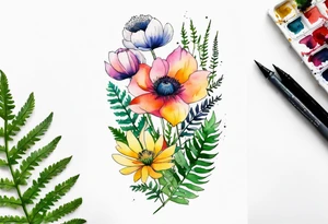 Minimalist Multicolored wild flowers with ferns and white anemone all watercolor tattoo idea
