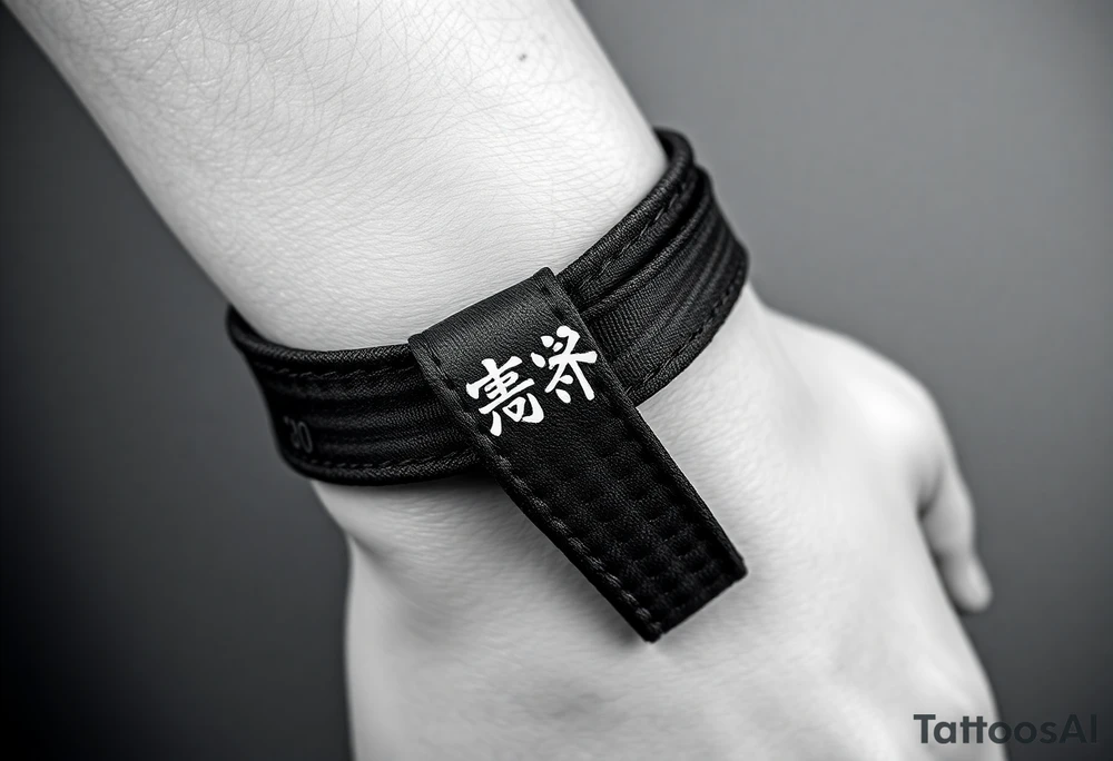 A realistic black and gray tattoo of a Brazilian Jiu-Jitsu black belt wrapping around the wrist like a bracelet. The belt is tied in a knot with one end showing the number 30 and the other showing 24. On the flat end of the belt, two Japanese kanji characters are inked in white: 成長 (growth) and 忍耐 (perseverance). The belt has subtle stitch marks and worn, textured shading for a slightly distressed, authentic look. tattoo idea