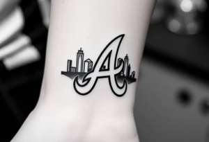 On the front of the wrist Atlanta Braves logo “A” overlapping a 3D Atlanta skyline. tattoo idea