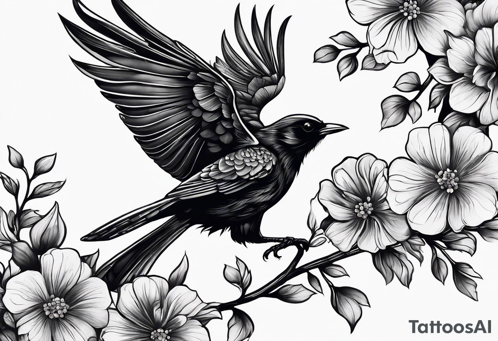 Black bird with its wings up about to fly on a branch with flowers tattoo idea