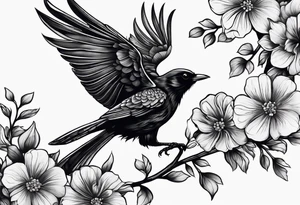 Black bird with its wings up about to fly on a branch with flowers tattoo idea