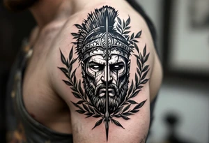 Rome warrior that from his face come down a long arrow and surrounded by a olive tree leaf around tattoo idea