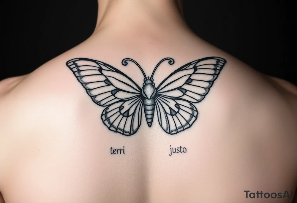 aries zodiac sign turned into a butterfly with the names terri and justo incorporated tattoo idea