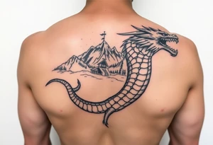 powerfull dacian draco wih mountain Paring Petrosani in the background tattoo idea