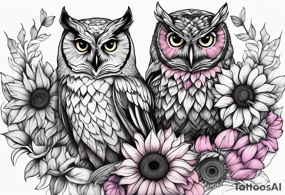 Black and white owl shaded teal, pink and purple surrounded by yellow sunflowers sleeve tattoo idea
