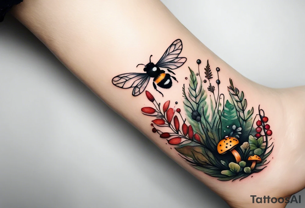 forest floor inspired minimalist tattoo, which includes grass, curly ferns, moss and dead leaves as the bulk of the tattoo. details to include: forest berries, a tiny bumblebee flying nearby, three small brown mushrooms
Generate a vertically long one tattoo idea