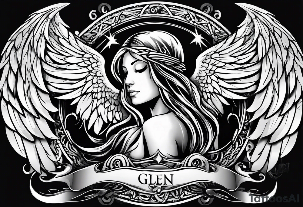 the word Glenn on a banner and angel wings tattoo idea