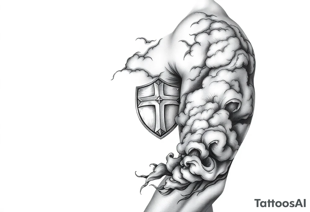 Half sleeve. powerful, cloud, shield, cross, sky, The Westgate tattoo idea
