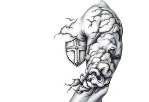 Half sleeve. powerful, cloud, shield, cross, sky, The Westgate tattoo idea
