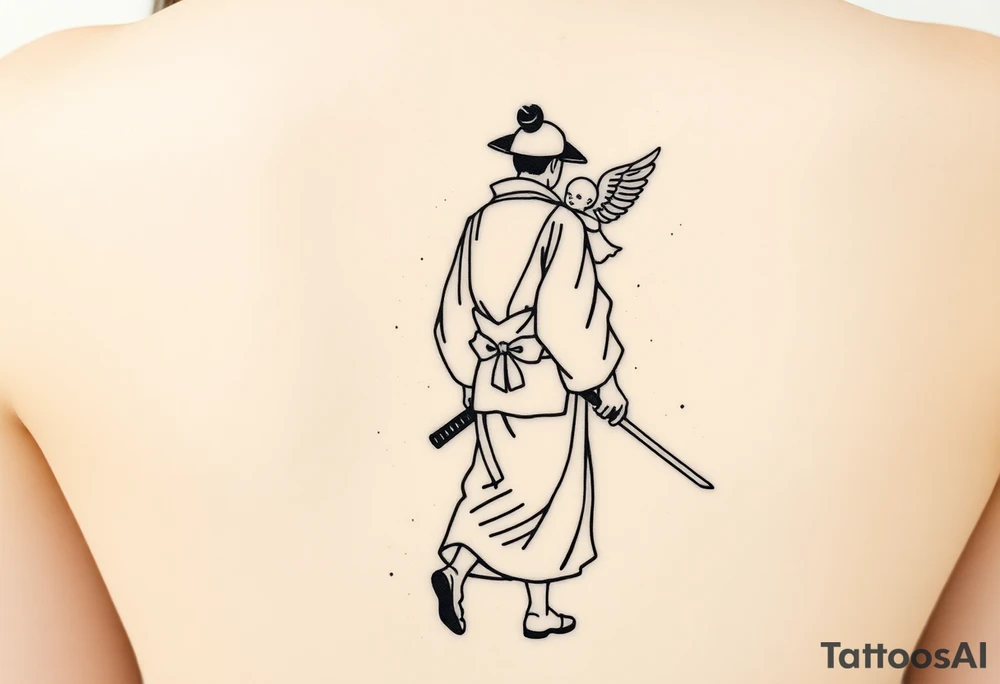 "Blackwork tattoo sketch of a lone samurai walking forward, shown in dramatic silhouette style. The samurai wears traditional kimono and hakama, holding a katana in one hand with the blade pointing downward. Behind him floats a small child angel with detailed feathered wings, gently touching the samurai’s back with one hand, as if stopping or guiding him. Strong contrast, dynamic ink splatter, rough brush strokes, Japanese sumi-e vibe, emotional and symbolic composition, high detail linework, no background." tattoo idea